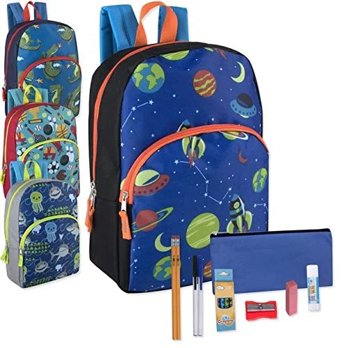 Detachable Travel Bag Shoulder Straps in Beige with Cushioned Pads24 Pack Bulk Backpacks with School Supplies, 15 Inch Preassembled Backpacks with Essential School Supply Kit for Grades K-8 (Boys)