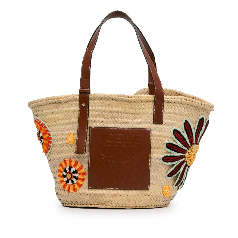 Women's Printed Tote Bag in Floral Patterns for a Spring - Themed Shopping TripBeige LOEWE Large Floral Embroidered Raffia Basket Tote