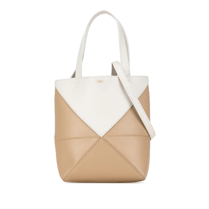 Large Capacity Genuine Leather Women's Tote Bag in Black for Work and CommutingBeige LOEWE Mini Bicolor Puzzle Fold Tote Satchel