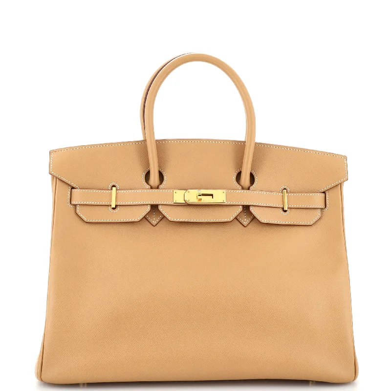 Women's Shoulder Bag with Fringe Details in Brown for a Bohemian StyleBirkin Handbag Natural Veau Grain Lisse with Gold Hardware 35