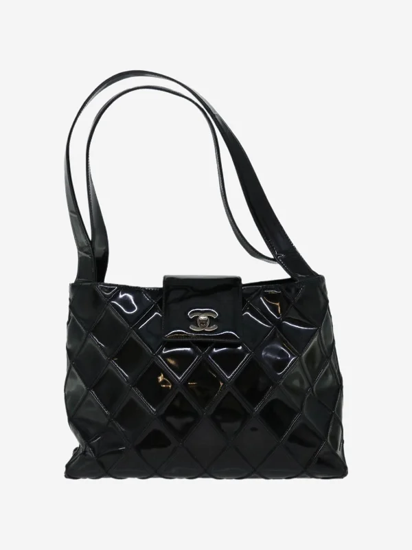 Women's Tote Bag with Zipper Closure in Red for Secure StorageBlack vintage 2000 CC patent diamond quilted tote bag