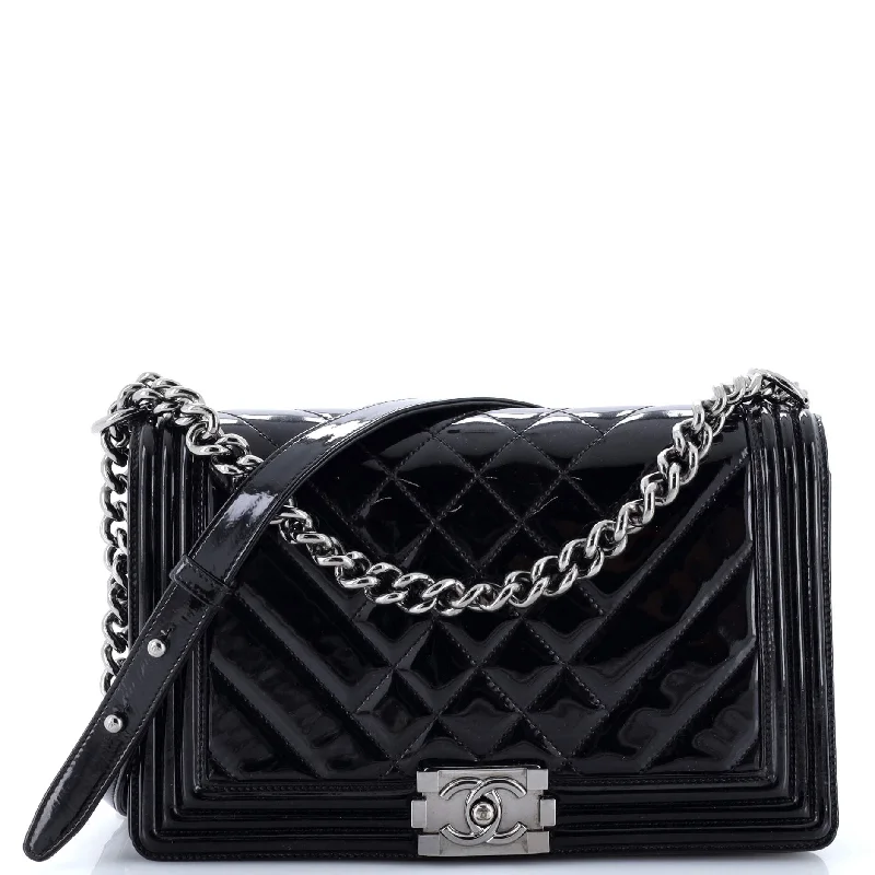 Shoulder Bag with Chain Strap in Silver for a Trendy AppearanceBoy Flap Bag Chevron Patent New Medium