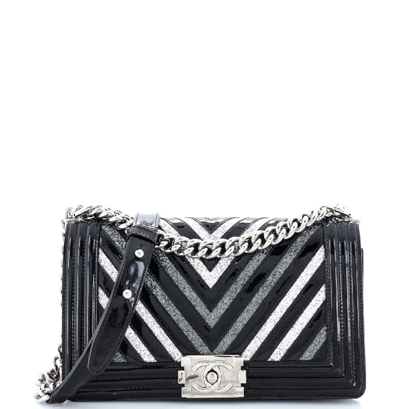 Shoulder Bag with Geometric Pattern in Multicolor for a Contemporary StyleBoy Flap Bag Chevron Patent with Glitter PVC Old Medium