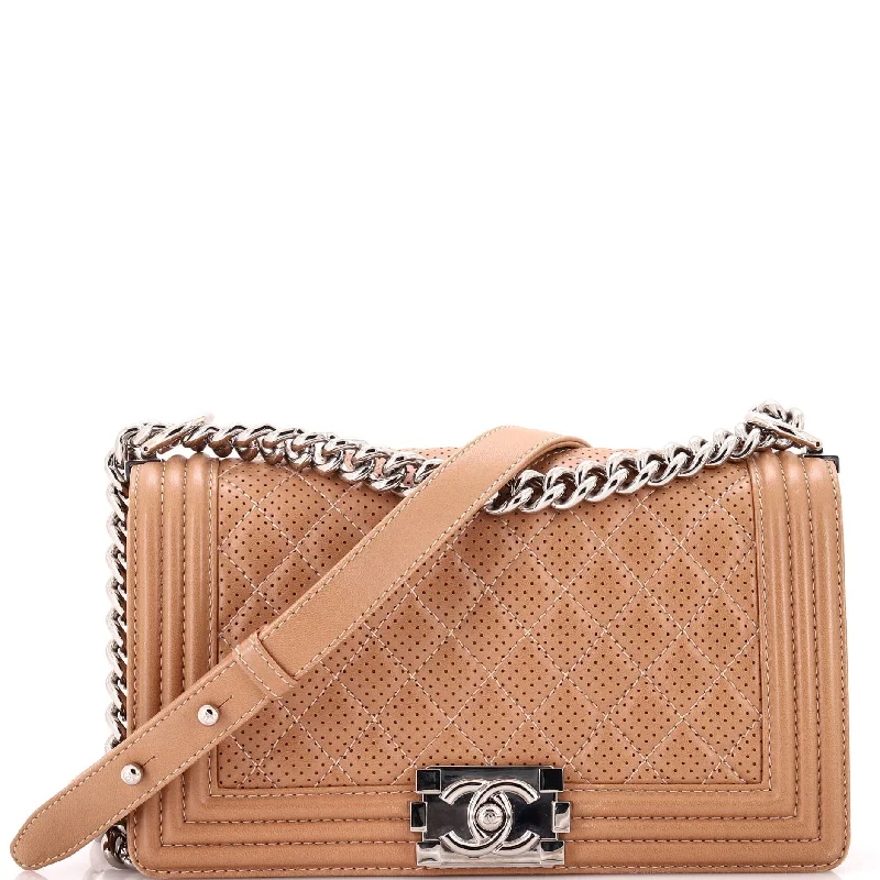 Leather Shoulder Bag with Magnetic Closure in Black for Quick AccessBoy Flap Bag Quilted Perforated Lambskin Old Medium