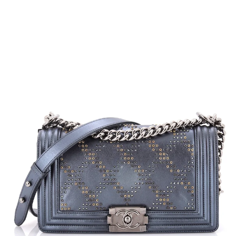 Women's Shoulder Bag with Faux Fur Strap in White for Winter StyleBoy Flap Bag Studded Leather Old Medium