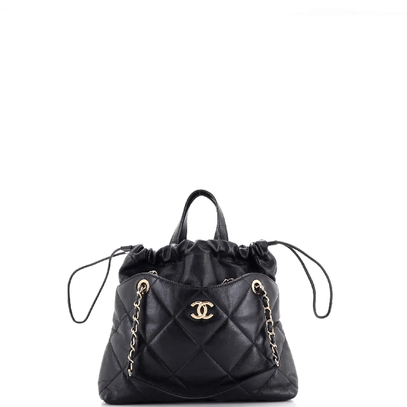 Large Capacity Genuine Leather Women's Tote Bag in Black for Work and CommutingCC Drawstring Shopping Tote Quilted Lambskin Small