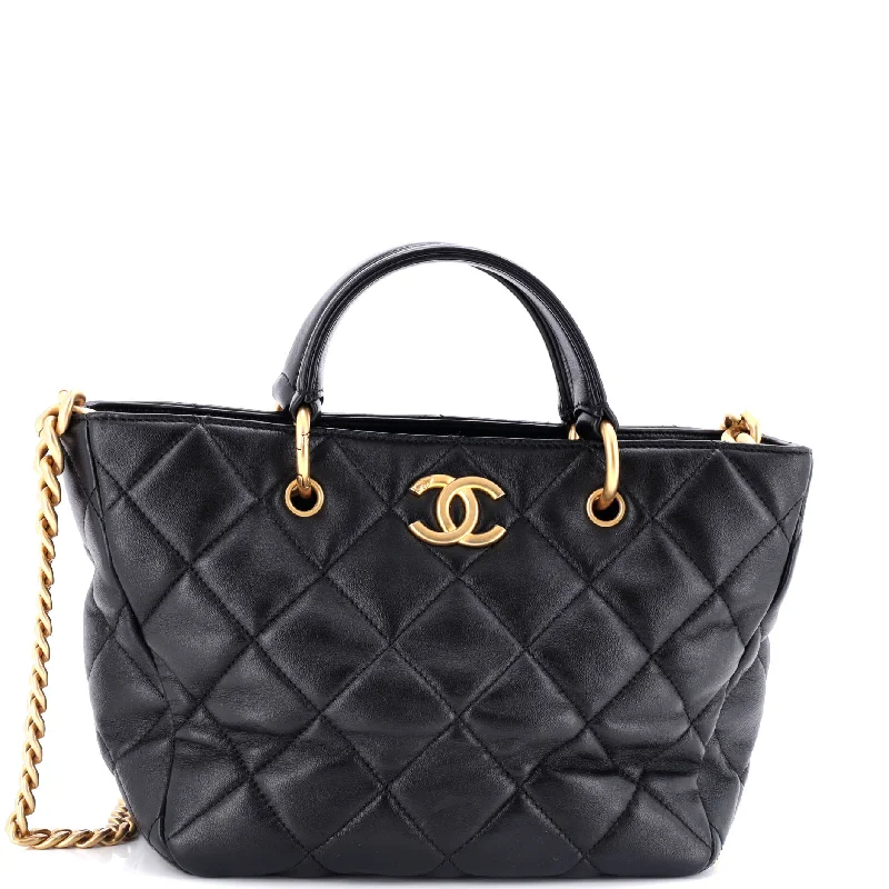 Women's Tote Bag with Inner Compartments in Gray for Organizing Everyday EssentialsCC Top Handle Chain Shopping Tote Quilted Lambskin Small