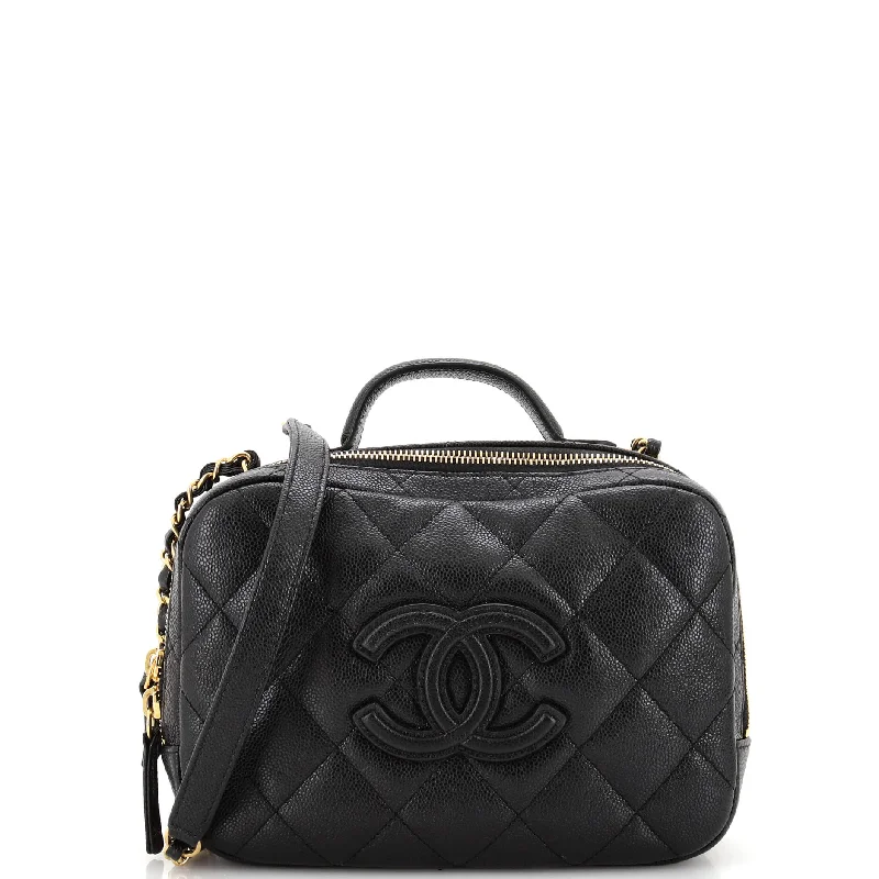Vegan Leather Shoulder Bag in Gray for Ethical Fashion LoversCC Top Handle Zip Around Vanity Case with Chain Quilted Caviar Small