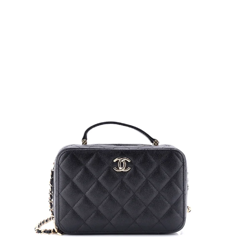 Women's Canvas Shoulder Bag in Navy with Striped Pattern for Beach TripsCC Zip Around Top Handle Vanity Case with Chain Quilted Caviar Small