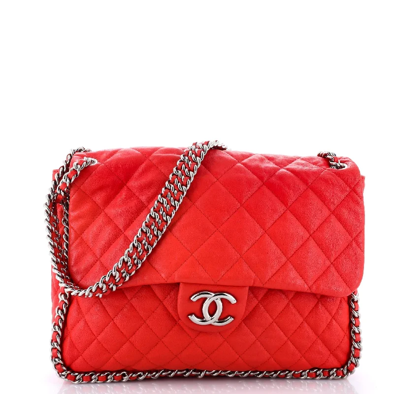 Vegan Leather Shoulder Bag in Gray for Ethical Fashion LoversChain Around Flap Bag Quilted Leather Maxi