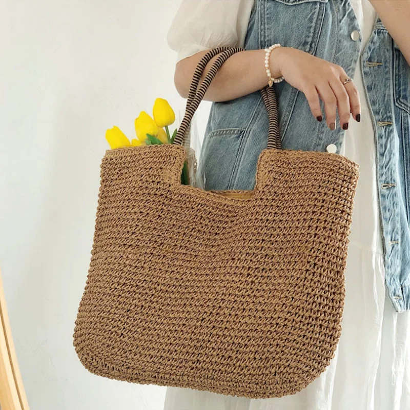 Patchwork Tote Bag in Denim with Vintage - Inspired Designs for a Retro AppealElena Handbags Beach Straw Woven Tote Bag