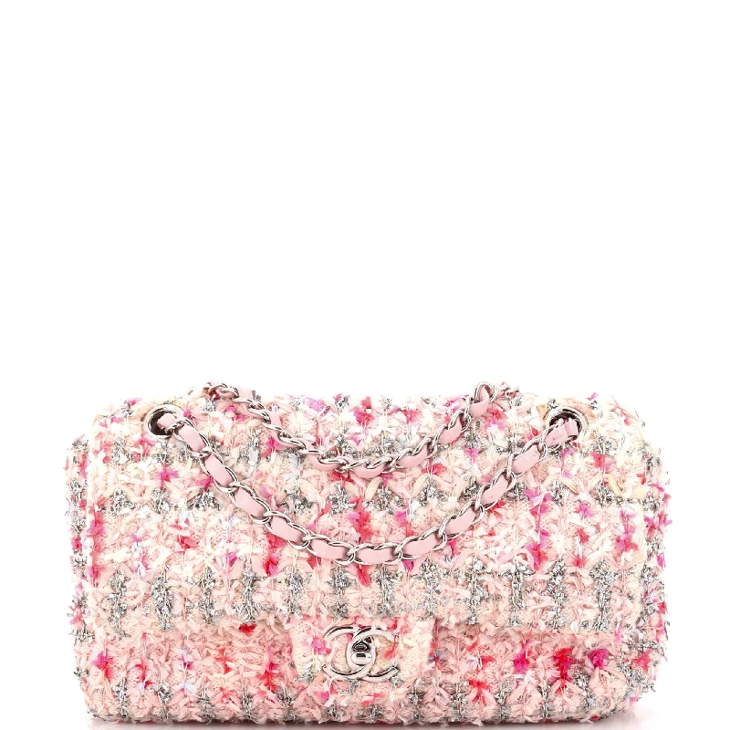 Suede Shoulder Bag in Pink with Tassel Accents for Casual OutingsClassic Double Flap Bag Quilted Tweed and Ribbon Medium