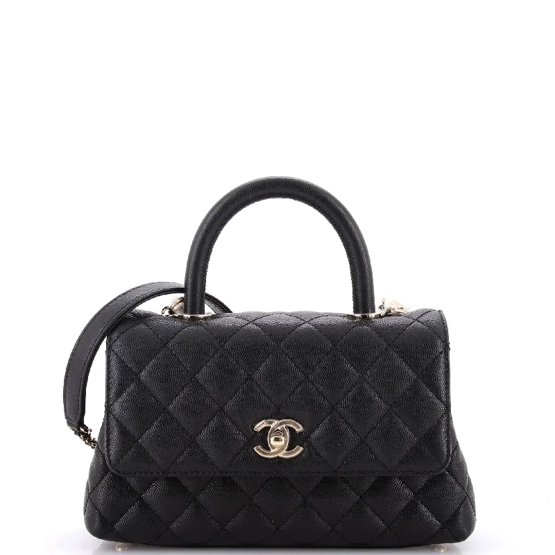 Women's Canvas Shoulder Bag in Navy with Striped Pattern for Beach TripsCoco Top Handle Bag Quilted Caviar Mini