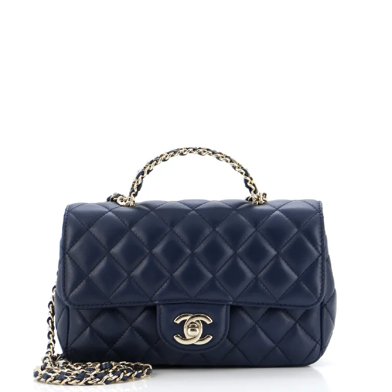 Crystal Chain Flap Top Handle Bag Quilted Lambskin Small