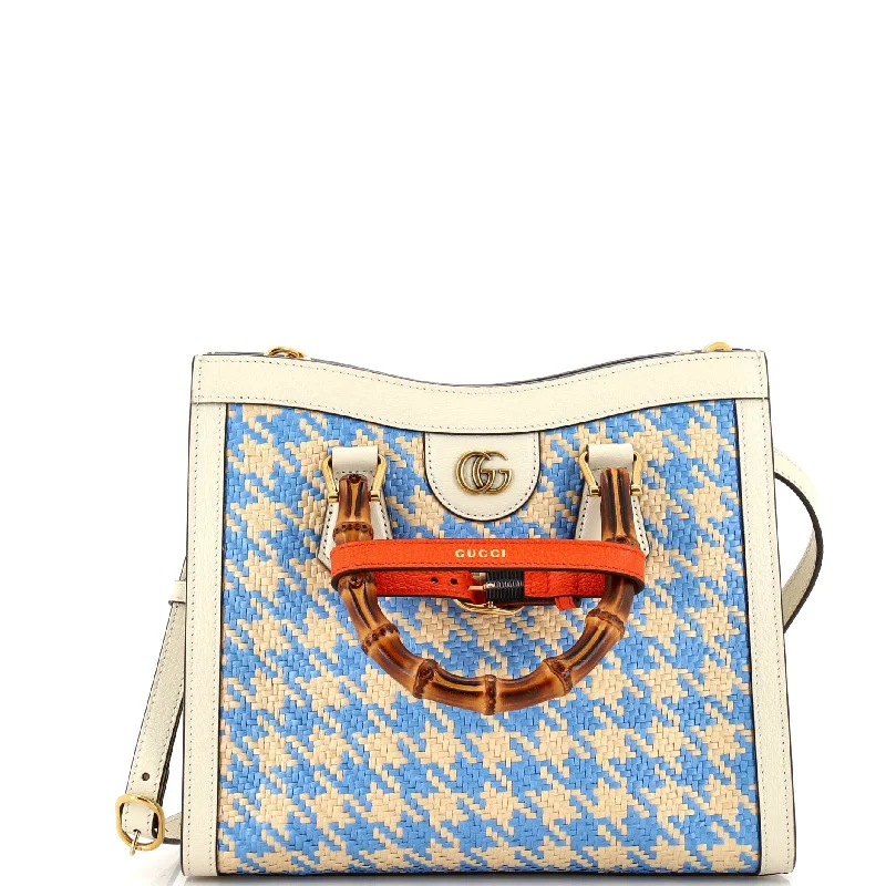 Women's Printed Tote Bag in Floral Patterns for a Spring - Themed Shopping TripDiana NM Bamboo Handle Tote Houndstooth Raffia Small