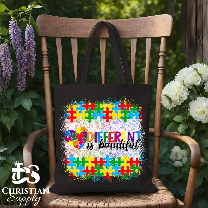 Women's Printed Tote Bag in Floral Patterns for a Spring - Themed Shopping TripDifferent is Beautiful Autism Awareness Tote Bag Women's Printed Tote Bag in Floral Patterns for a Spring - Themed Shopping TripDifferent is Beautiful Autism Awareness Tote Bag