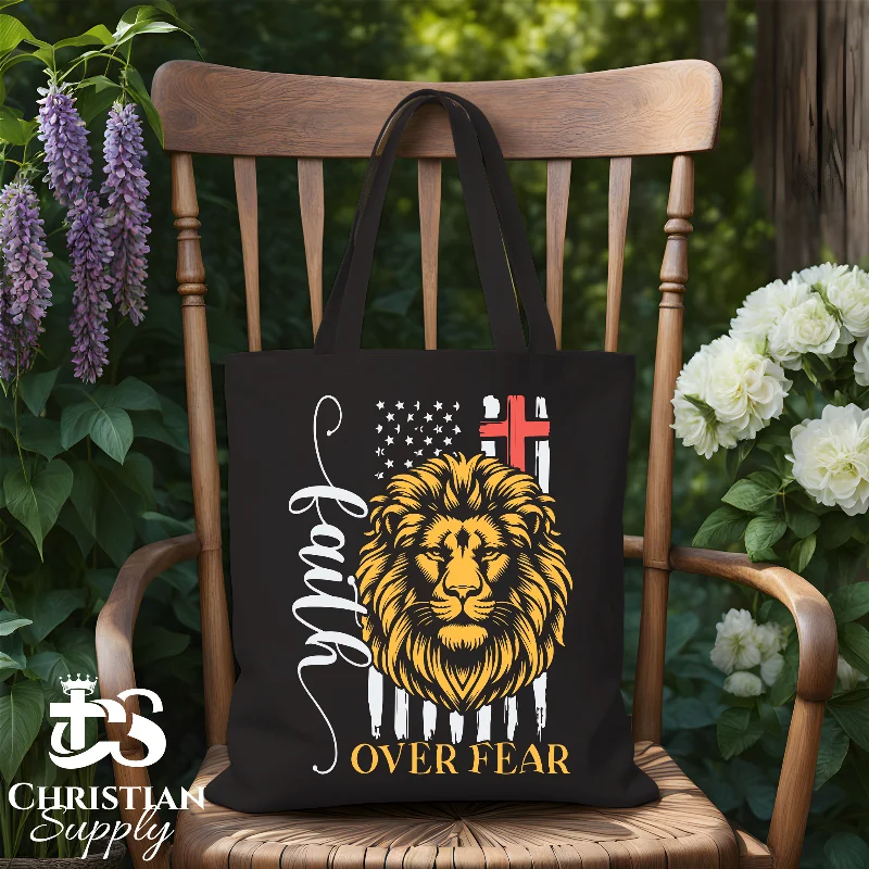 Tote Bag with RFID - Blocking Pocket in Black for Protecting Your Cards and InformationFaith Over Fear Lion Flag Tote Bag