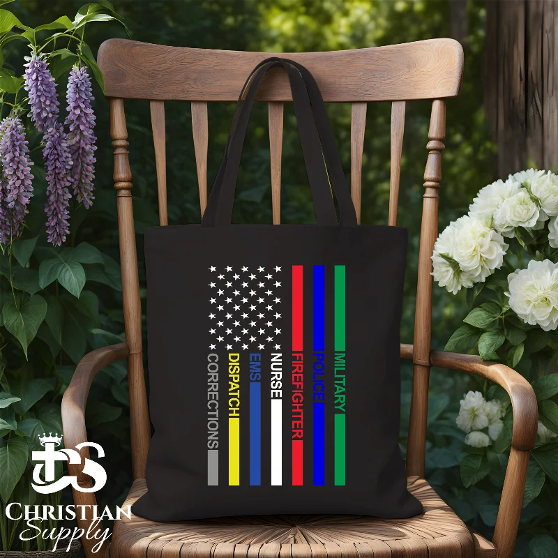 Linen Tote Bag in Natural Beige with Braided Details for a Rustic Summer EnsembleFirst Responders Flag Tote Bag