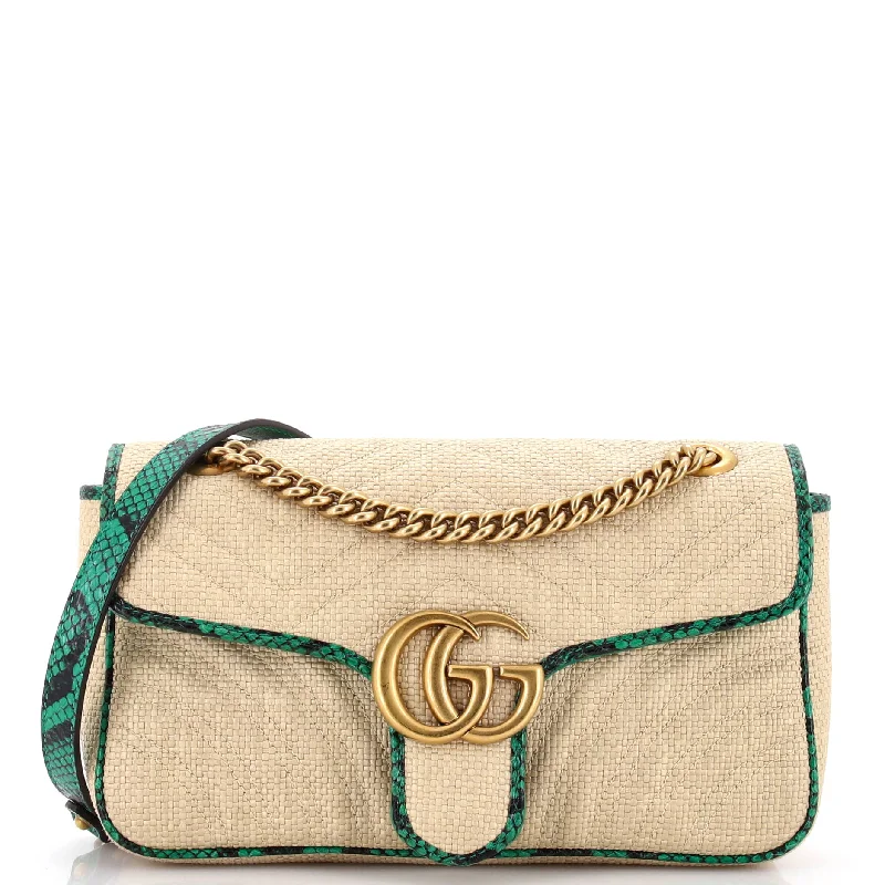 Quilted Shoulder Bag in Cream for a Classic and Elegant LookGG Marmont Flap Bag Matelasse Raffia with Snakeskin Small Quilted Shoulder Bag in Cream for a Classic and Elegant LookGG Marmont Flap Bag Matelasse Raffia with Snakeskin Small