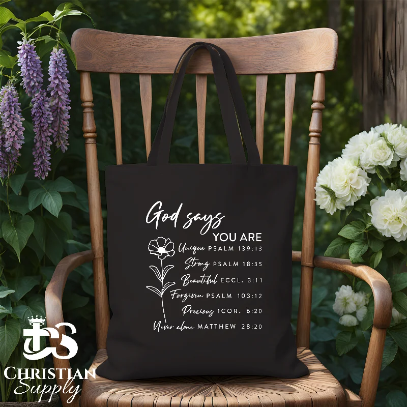 Patchwork Tote Bag in Denim with Vintage - Inspired Designs for a Retro AppealGod Says You Are Unique Strong Beautiful Forgiven Precious Never Alone Tote Bag