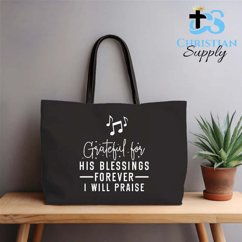 Patchwork Tote Bag in Denim with Vintage - Inspired Designs for a Retro AppealGrateful for His Blessings Forever Music Tote Bag