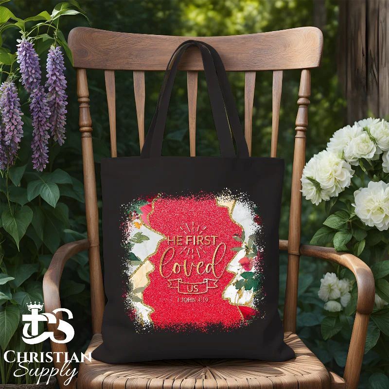 Women's Printed Tote Bag in Floral Patterns for a Spring - Themed Shopping TripHe First Loved Us Tote Bag
