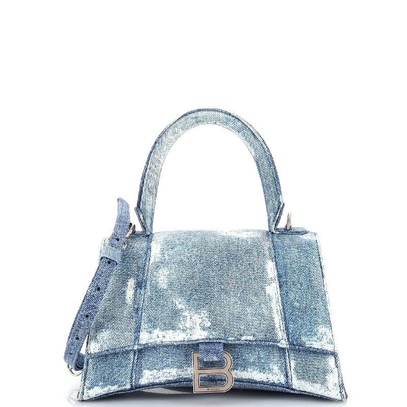 Shoulder Bag with Chain Strap in Silver for a Trendy AppearanceHourglass Top Handle Bag Denim Printed Leather Small Shoulder Bag with Chain Strap in Silver for a Trendy AppearanceHourglass Top Handle Bag Denim Printed Leather Small