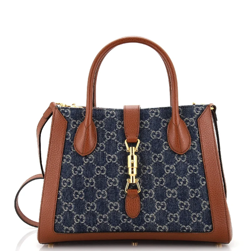 Embroidered Tote Bag in Beige with Floral Motifs for a Boho - Chic VibeJackie 1961 Tote GG Denim and Leather Medium