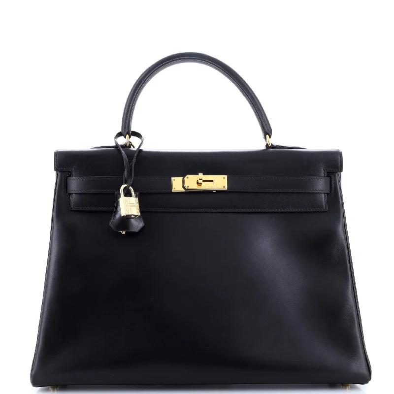 Women's Large Leather Shoulder Bag in Brown with Multiple Compartments for WorkKelly Handbag Noir Box Calf with Gold Hardware 35