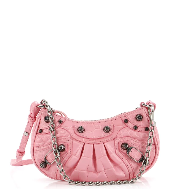 Shoulder Bag with Chain Strap in Silver for a Trendy AppearanceWomen's Shoulder Bag with Adjustable Strap in Pink for ComfortLe Cagole Giant Studs Chain Shoulder Bag Crocodile Embossed Leather with Crystals Mini