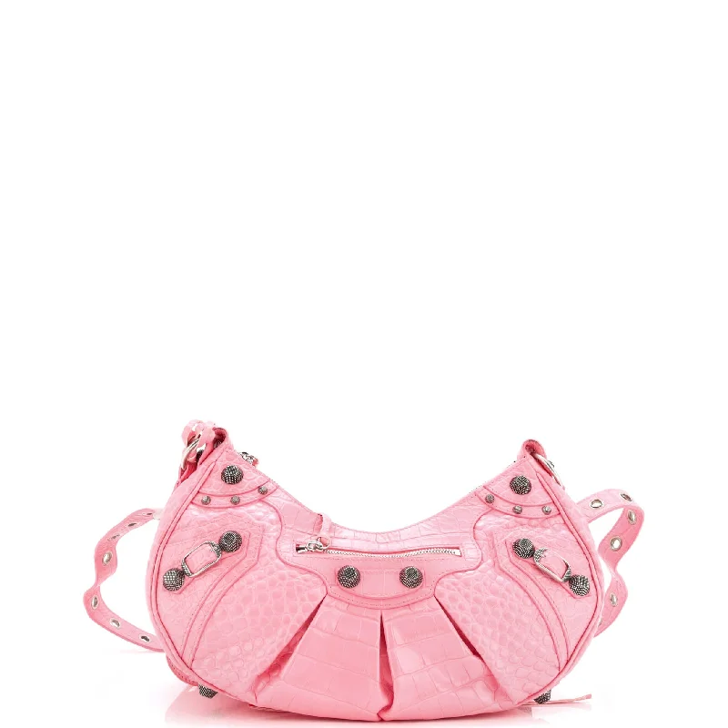 Suede Shoulder Bag in Pink with Tassel Accents for Casual OutingsLe Cagole Giant Studs Shoulder Bag Crocodile Embossed Leather Small Suede Shoulder Bag in Pink with Tassel Accents for Casual OutingsLe Cagole Giant Studs Shoulder Bag Crocodile Embossed Leather Small