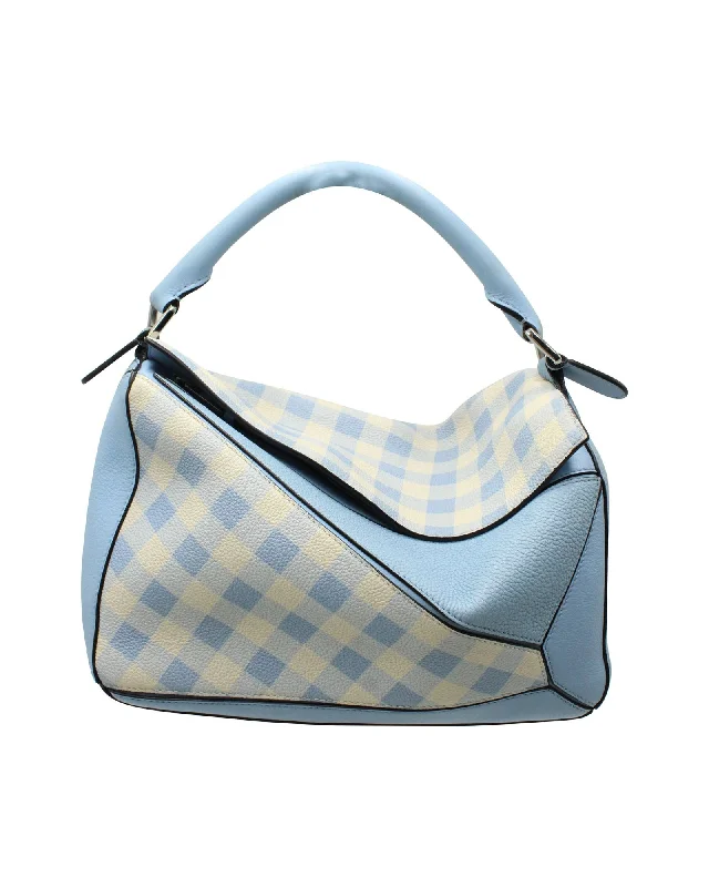 Loewe Small Puzzle Bag with Gingham Accent in Blue Leather