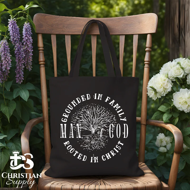 Embroidered Tote Bag in Beige with Floral Motifs for a Boho - Chic VibeMan of God Grounded in Family Rooted in Christ Tote Bag