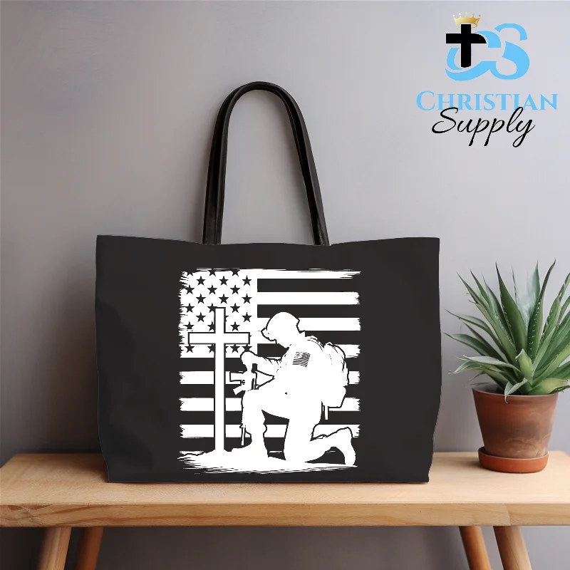 Faux Fur - Trimmed Tote Bag in White for a Cozy Winter LookMilitary Kneeling at Cross Flag Tote Bag