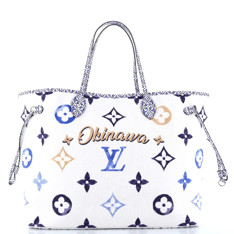 Embroidered Tote Bag in Beige with Floral Motifs for a Boho - Chic VibeNeverfull NM Tote Limited Edition Cities By The Pool Monogram Watercolor Giant GM