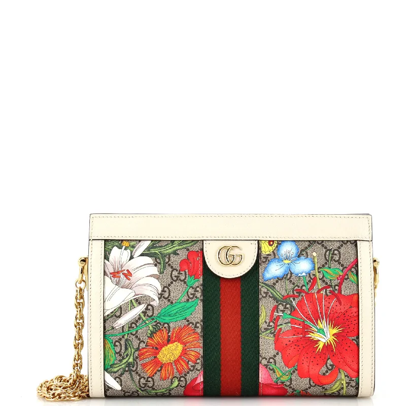 Shoulder Bag with Chain Strap in Silver for a Trendy AppearanceOphidia Chain Shoulder Bag Flora GG Coated Canvas Small