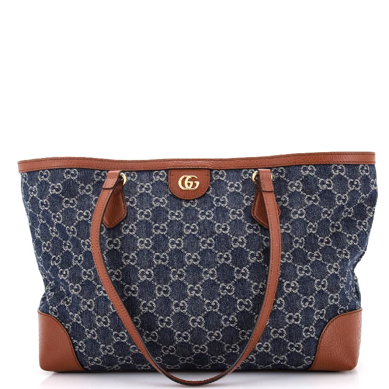 Patchwork Tote Bag in Denim with Vintage - Inspired Designs for a Retro AppealOphidia Shopping Tote GG Denim Medium