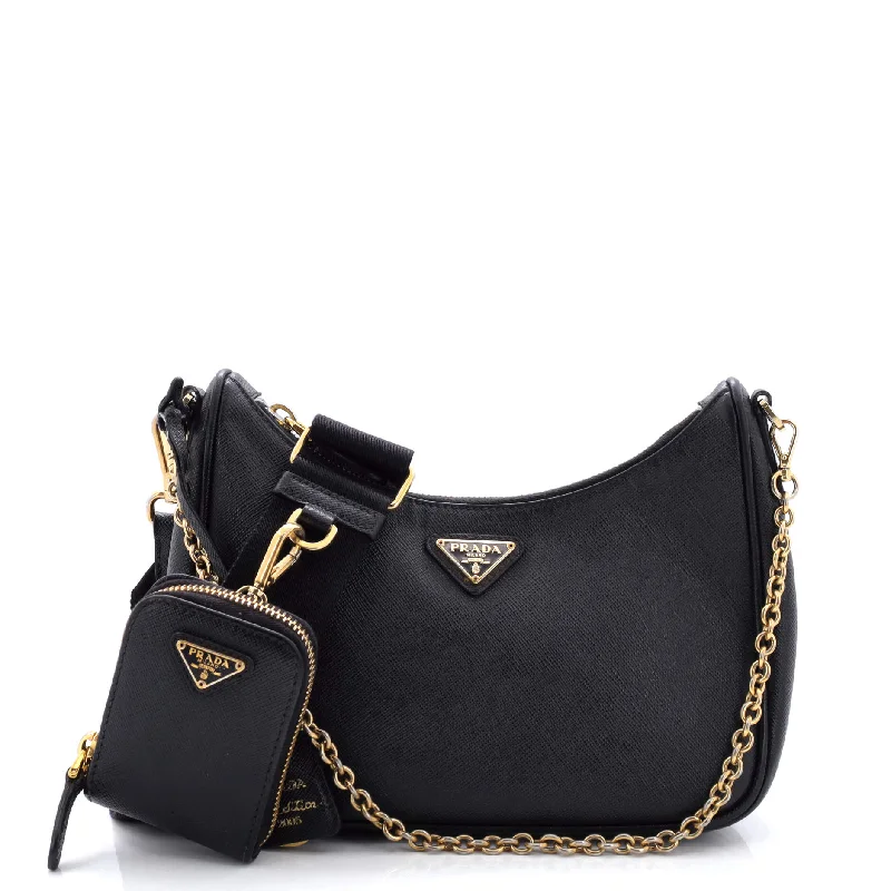 Crossbody Shoulder Bag in Black Leather with Gold Hardware for Night OutsRe-Edition 2005 Shoulder Bag Saffiano Leather Small Crossbody Shoulder Bag in Black Leather with Gold Hardware for Night OutsRe-Edition 2005 Shoulder Bag Saffiano Leather Small