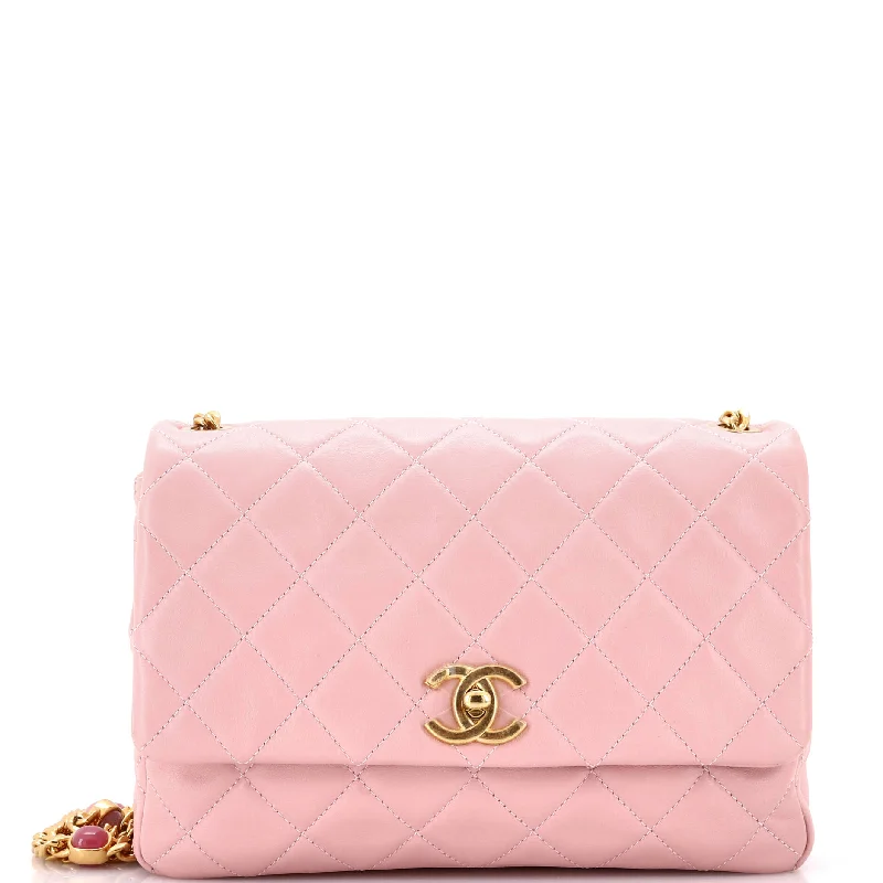 Resin Pearl Chain Flap Bag Quilted Lambskin Medium