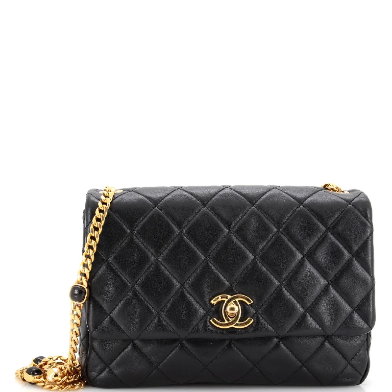 Resin Pearl Chain Flap Bag Quilted Lambskin Medium