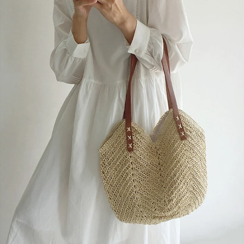 Women's Tote Bag with Inner Compartments in Gray for Organizing Everyday EssentialsElena Handbags Retro Straw Woven Tote Bag