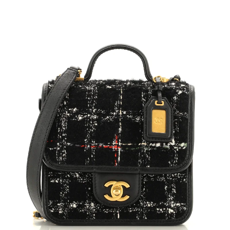 Women's Shoulder Bag with Floral Embroidery in Purple for Spring WalksSchool Memory Top Handle Flap Bag Quilted Tweed Mini