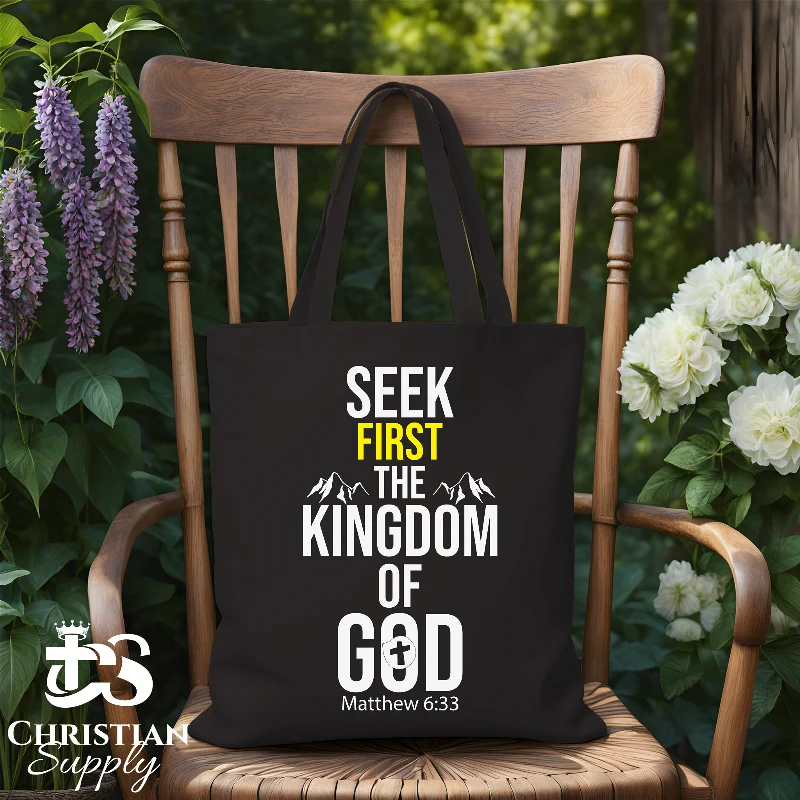 Monogrammed Tote Bag in Brown Leather with Personalized Initials for a Custom and Elegant TouchSeek First the Kingdom of God Tote Bag