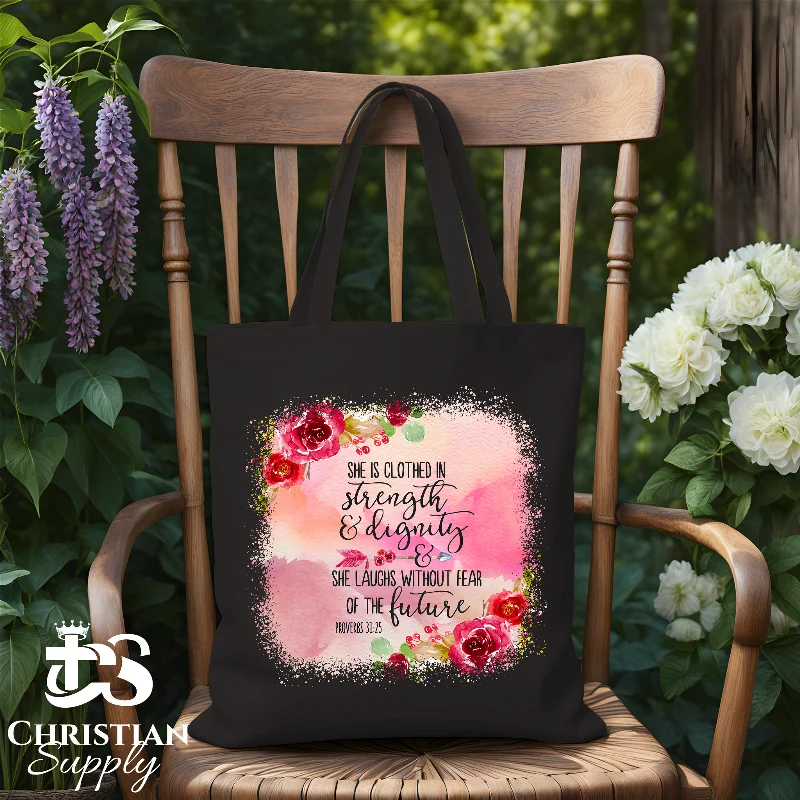 Monogrammed Tote Bag in Brown Leather with Personalized Initials for a Custom and Elegant TouchShe is Clothed in Strength and Dignity Pink Tote Bag