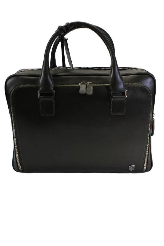 Tardini  Womens Leather Silver Tone Zip Around Top Handle Shoulder Handbag Black