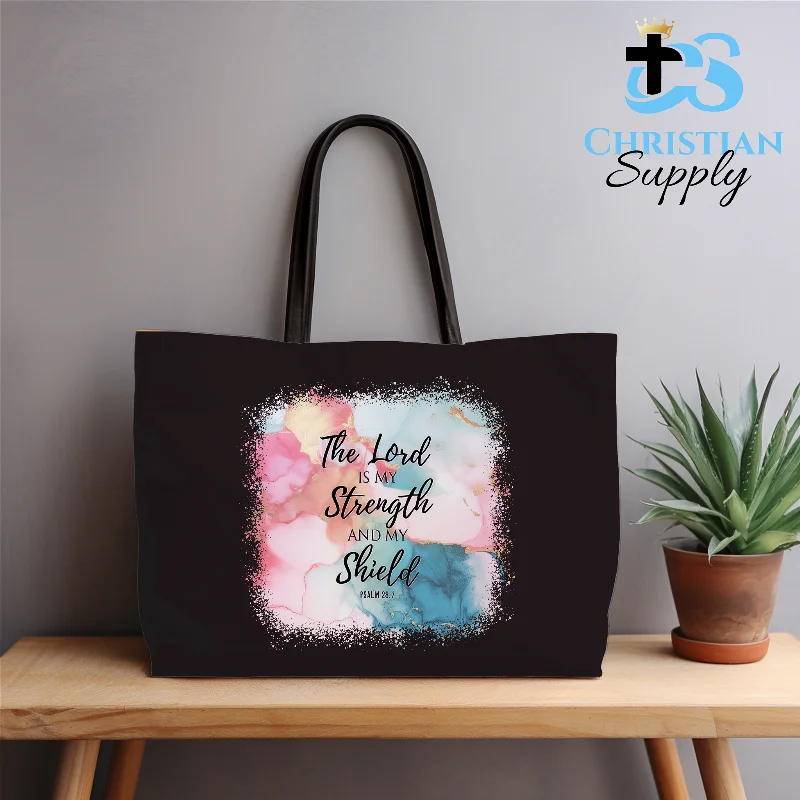 Patchwork Tote Bag in Denim with Vintage - Inspired Designs for a Retro AppealThe Lord is My Strength and Shield Tote Bag