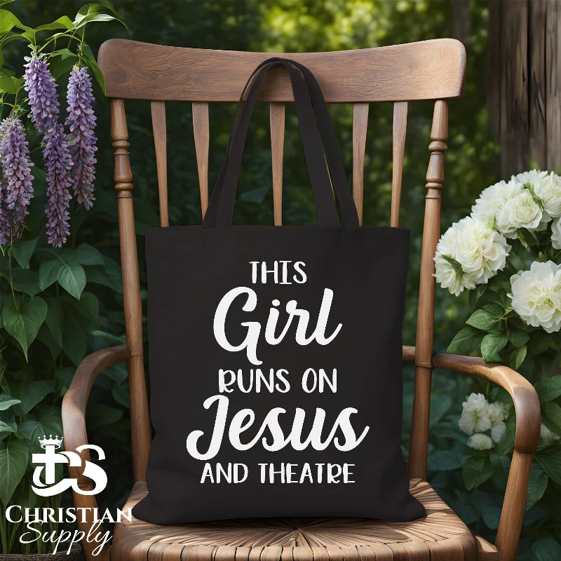 Monogrammed Tote Bag in Brown Leather with Personalized Initials for a Custom and Elegant TouchThis Girl Runs on Jesus and Theatre Tote Bag