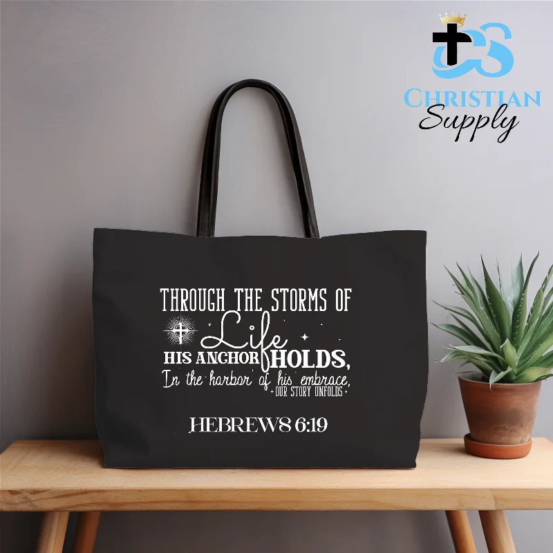 Monogrammed Tote Bag in Brown Leather with Personalized Initials for a Custom and Elegant TouchThrough the Storms of Life Hebrews 6:19 Tote Bag