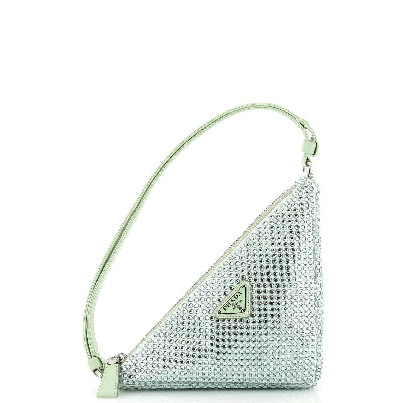 Crossbody Shoulder Bag in Black Leather with Gold Hardware for Night OutsTriangle Top Handle Pouch Bag Crystal Embellished Satin Mini