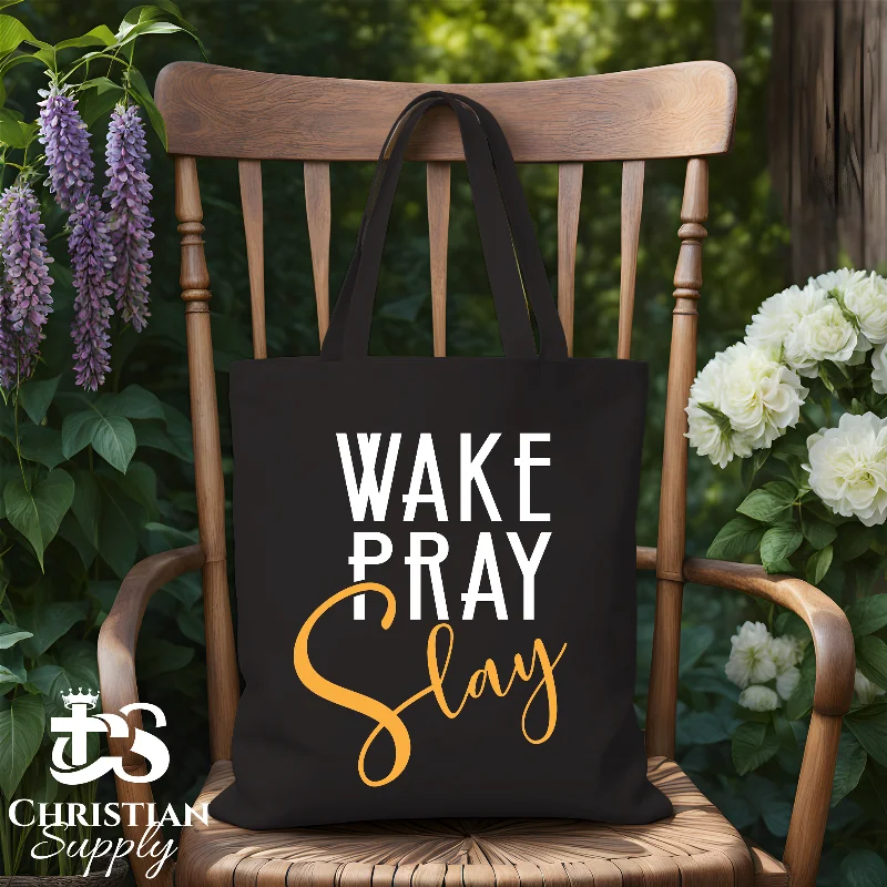 Patchwork Tote Bag in Denim with Vintage - Inspired Designs for a Retro AppealWake Pray Slay Tote Bag Patchwork Tote Bag in Denim with Vintage - Inspired Designs for a Retro AppealWake Pray Slay Tote Bag